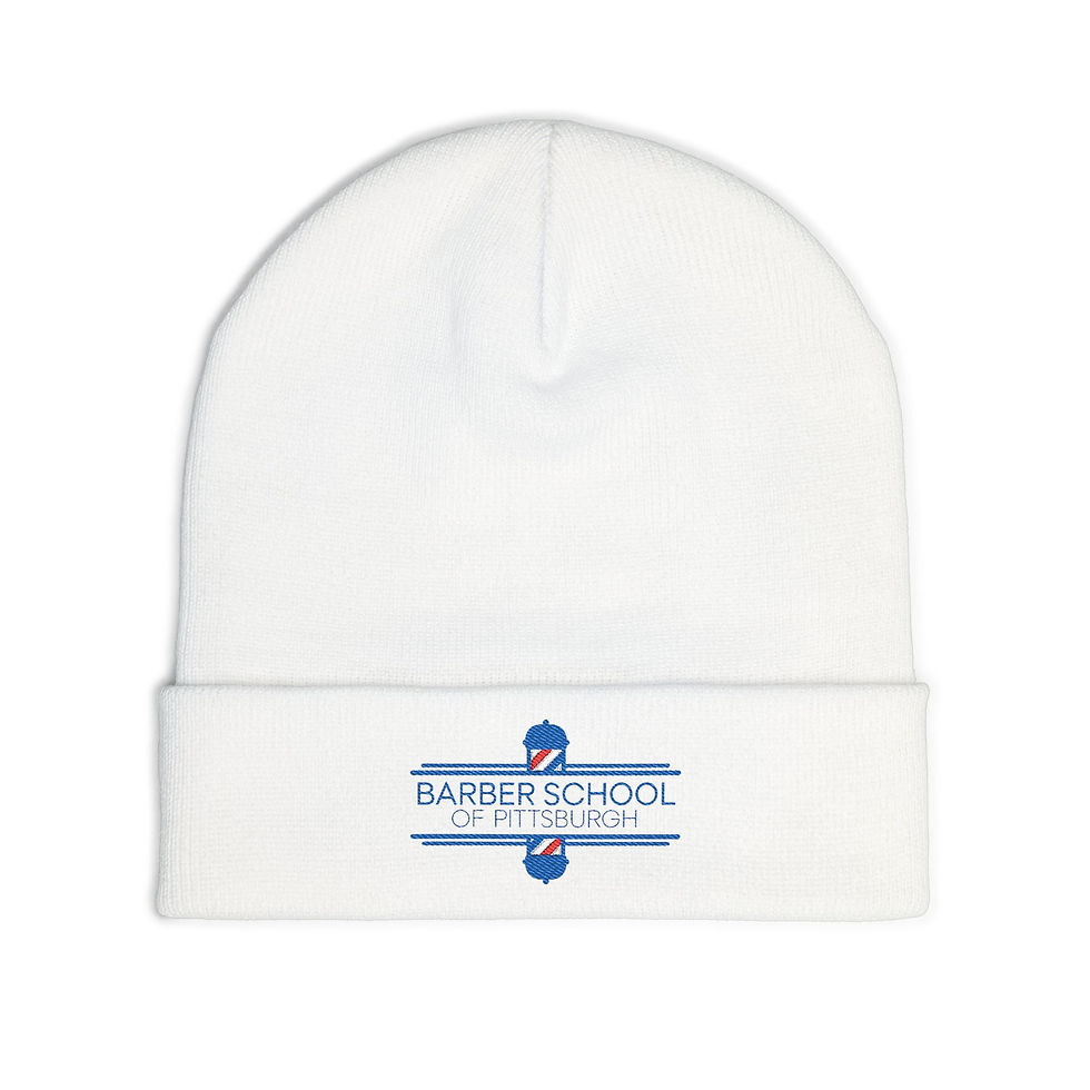Thumbnail: Barber School Embroidered Knit Beanie – Classic Barber Pole Logo