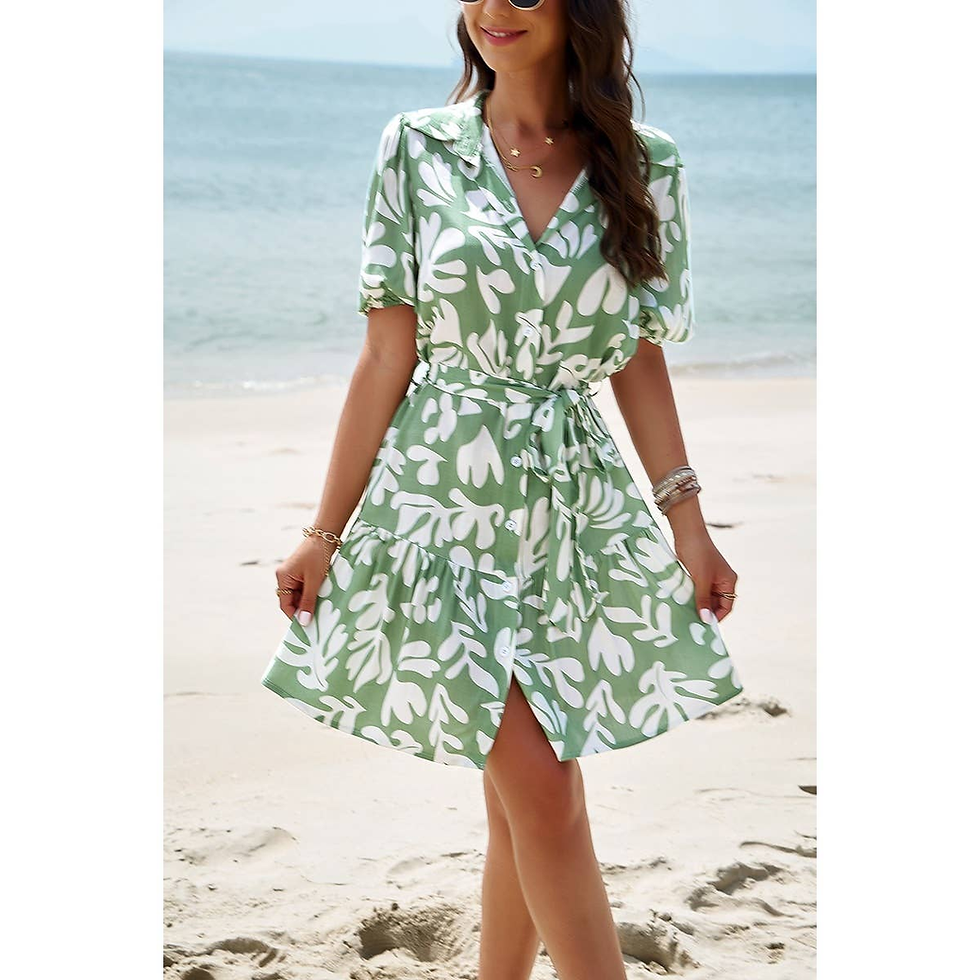 Thumbnail: Button Open Design, print ruffle front belt dress