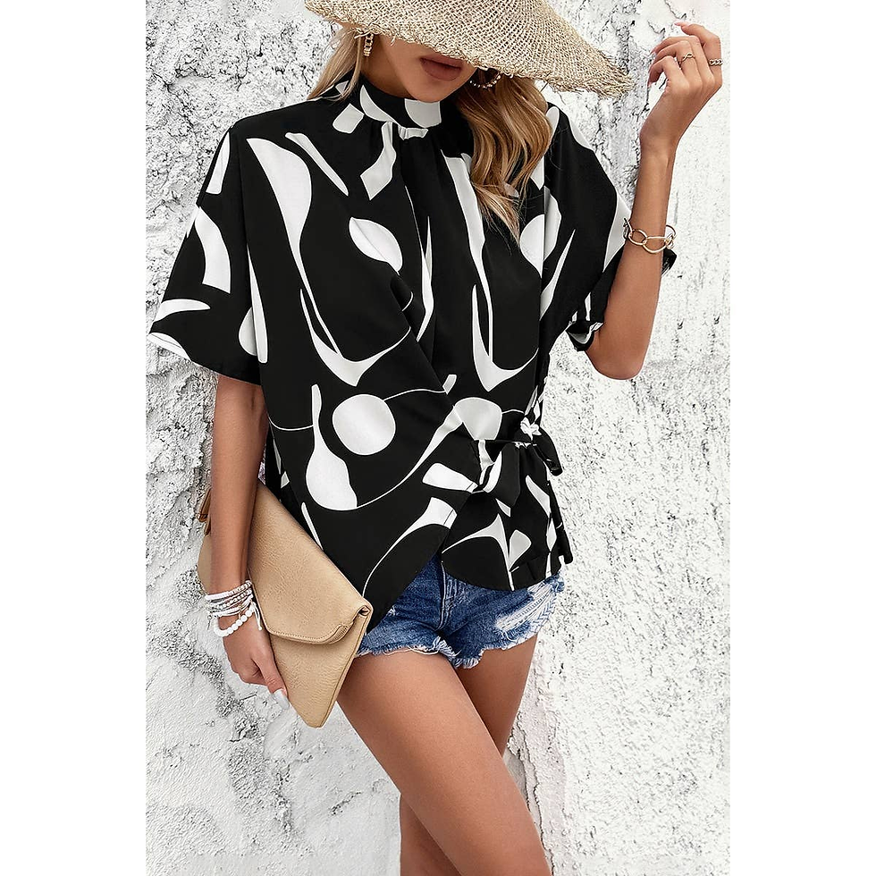 Thumbnail: Printed Blouse, Side Knot Short Sleeves