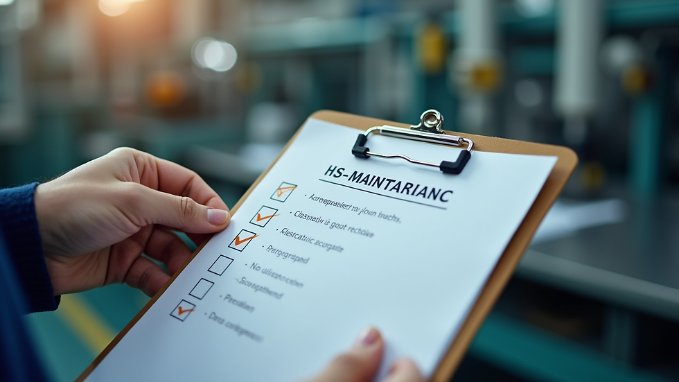 Close-up view of a maintenance checklist on a clipboard in a factory setting
