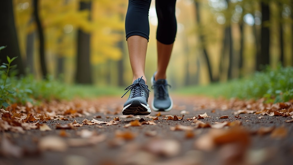 Close-up view of a pregnant woman’s feet in running shoes on a trail