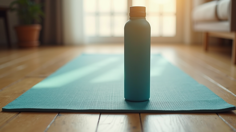Eye-level view of a yoga mat and water bottle on wooden floor