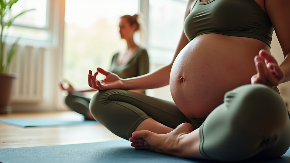 Eye-level view of a pregnant woman doing prenatal yoga on a mat