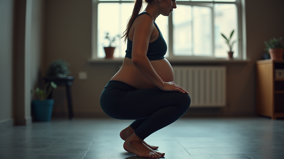 Close-up of a pregnant woman performing a squat with support