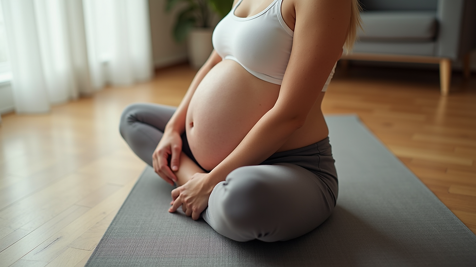 High angle view of a pregnant woman stretching on a yoga mat