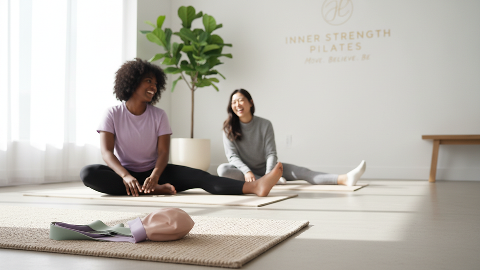 Close-up view of Pilates mat with resistance bands and small exercise ball