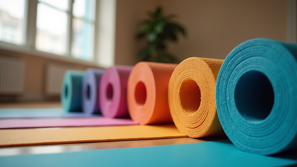 Close-up view of colorful yoga mats in a fitness studio