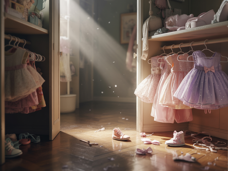 Sunlight shining into a closet filled with untouched little girls’ dresses and shoes, symbolizing a GlamMa’s heartbreak, boundaries, and the struggle of being cut off from her GlamKids