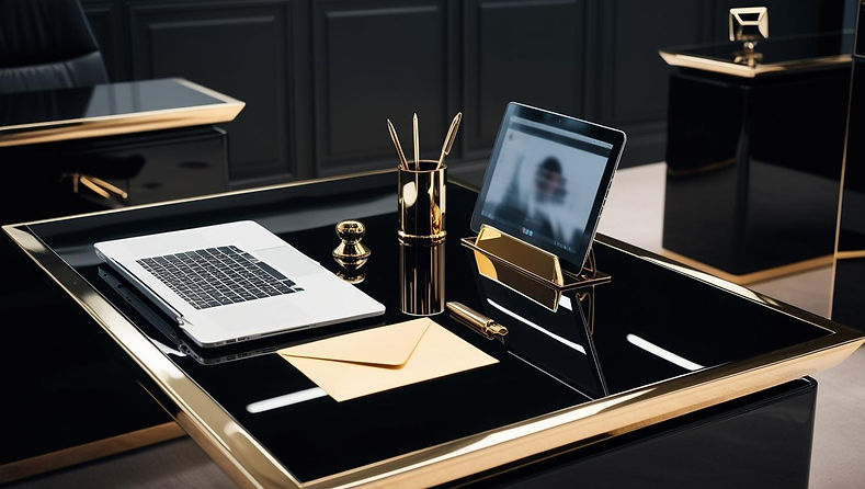 a luxury desk top thats modern and has gold and black desk accessories. it is a desk at a