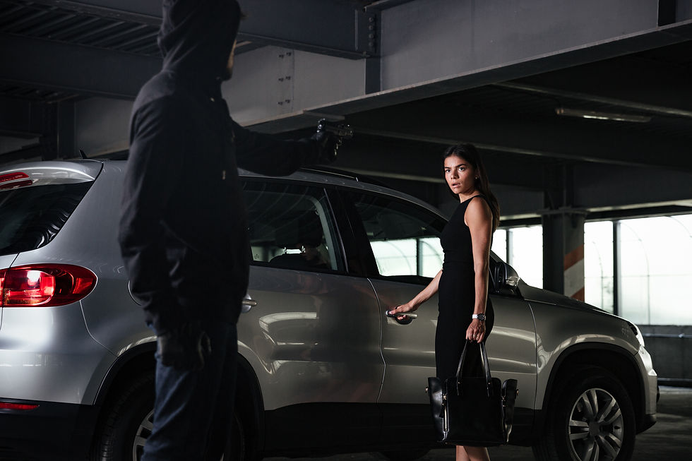 Man robber in black hoodie threatening with gun to scared businesswoman on car parking.jpg