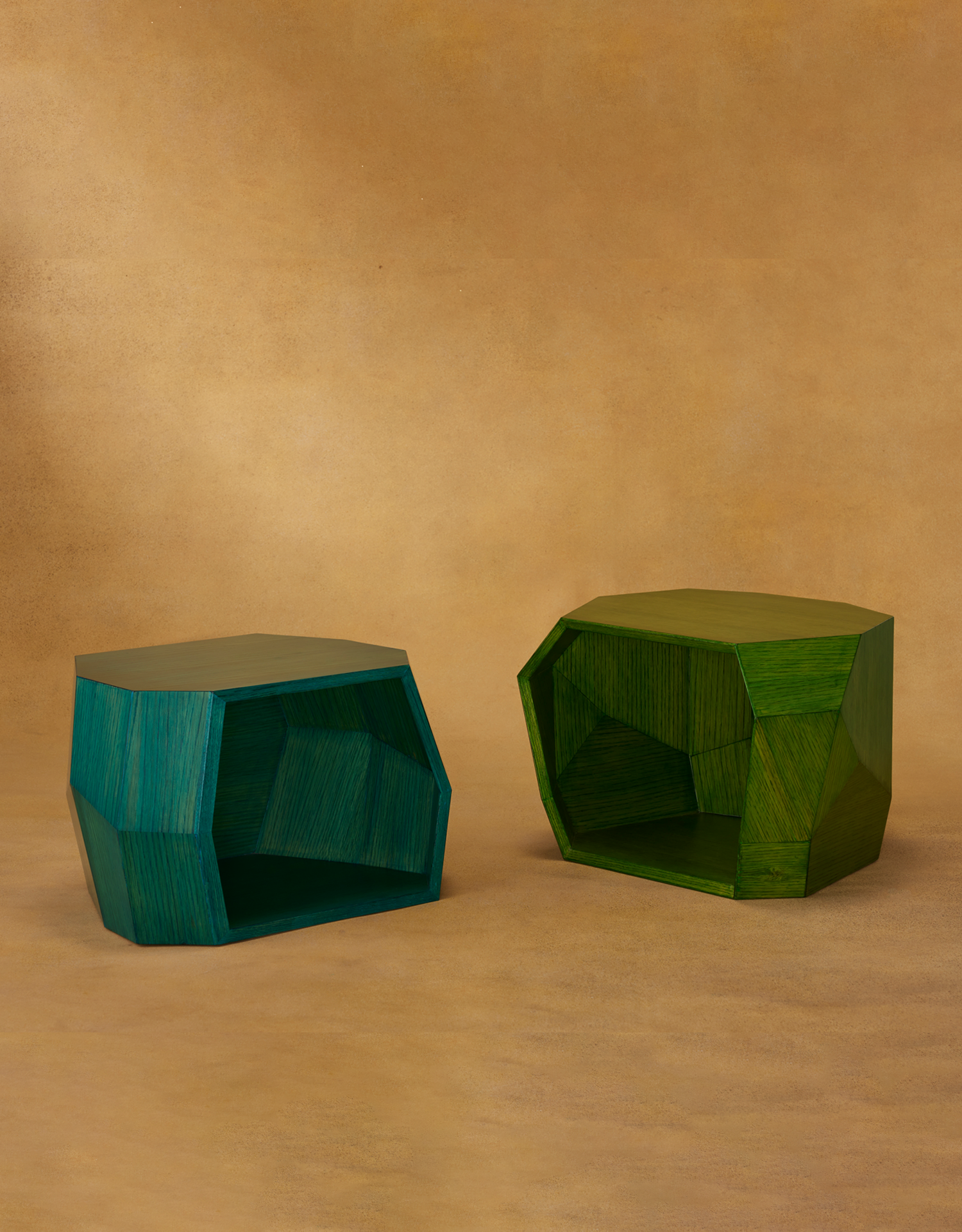 Rocks multifunctional storage cubes by Name Place Animal Thing in blue and green finishes crafted from oak veneer and calibra