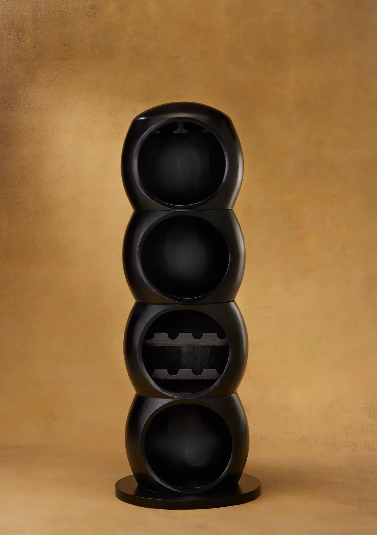 Statement living room bar cabinet in matte black with sculptural storage design