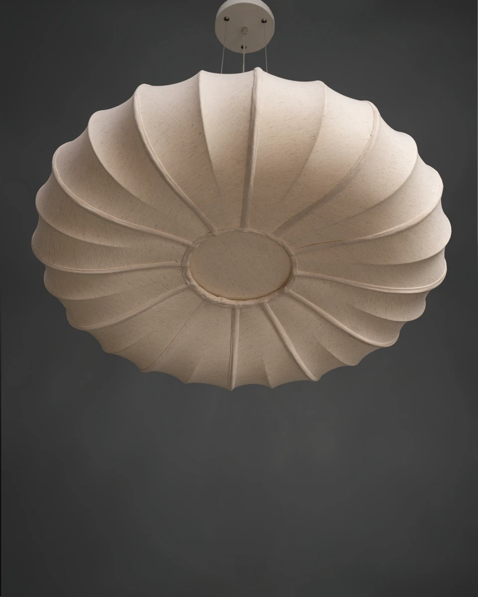 Underneath view of the unlit ORBIT contemporary pendant lamp, showing its symmetrical form perfect for bedrooms.