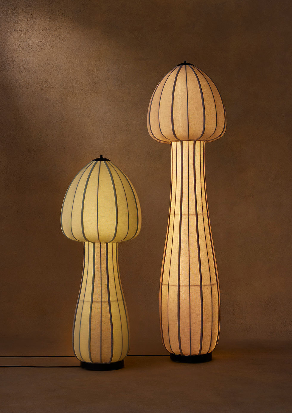 Illuminated small and large Mushroom Floor Lamps by Name Place Animal Thing, ideal for luxury modern bedrooms.