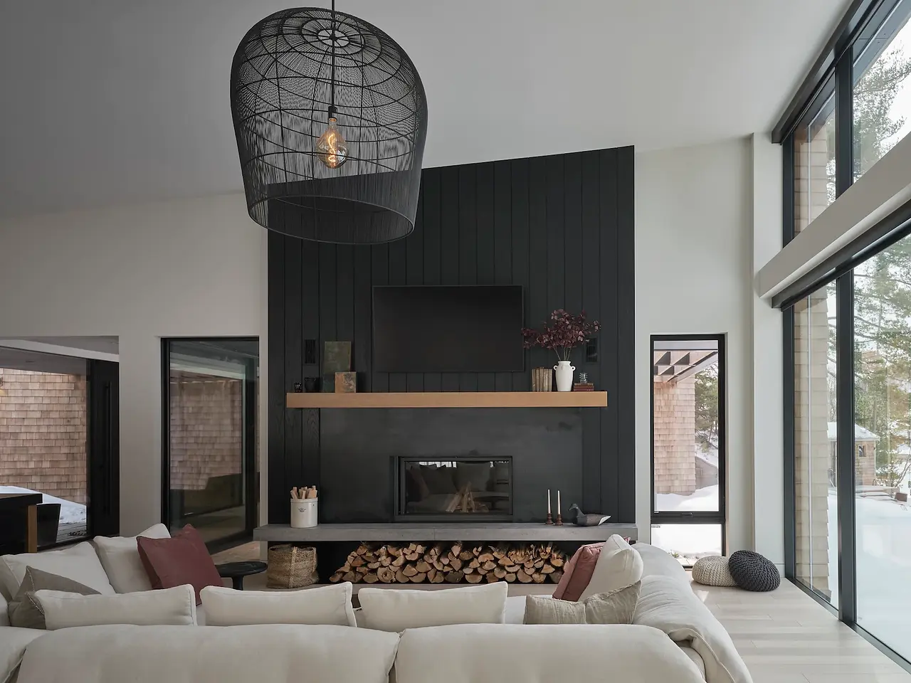 Sunnybrook sanctuary custom home interior living room with fireplace and large window wall