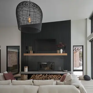 Sunnybrook sanctuary custom home interior living room with fireplace and large window wall