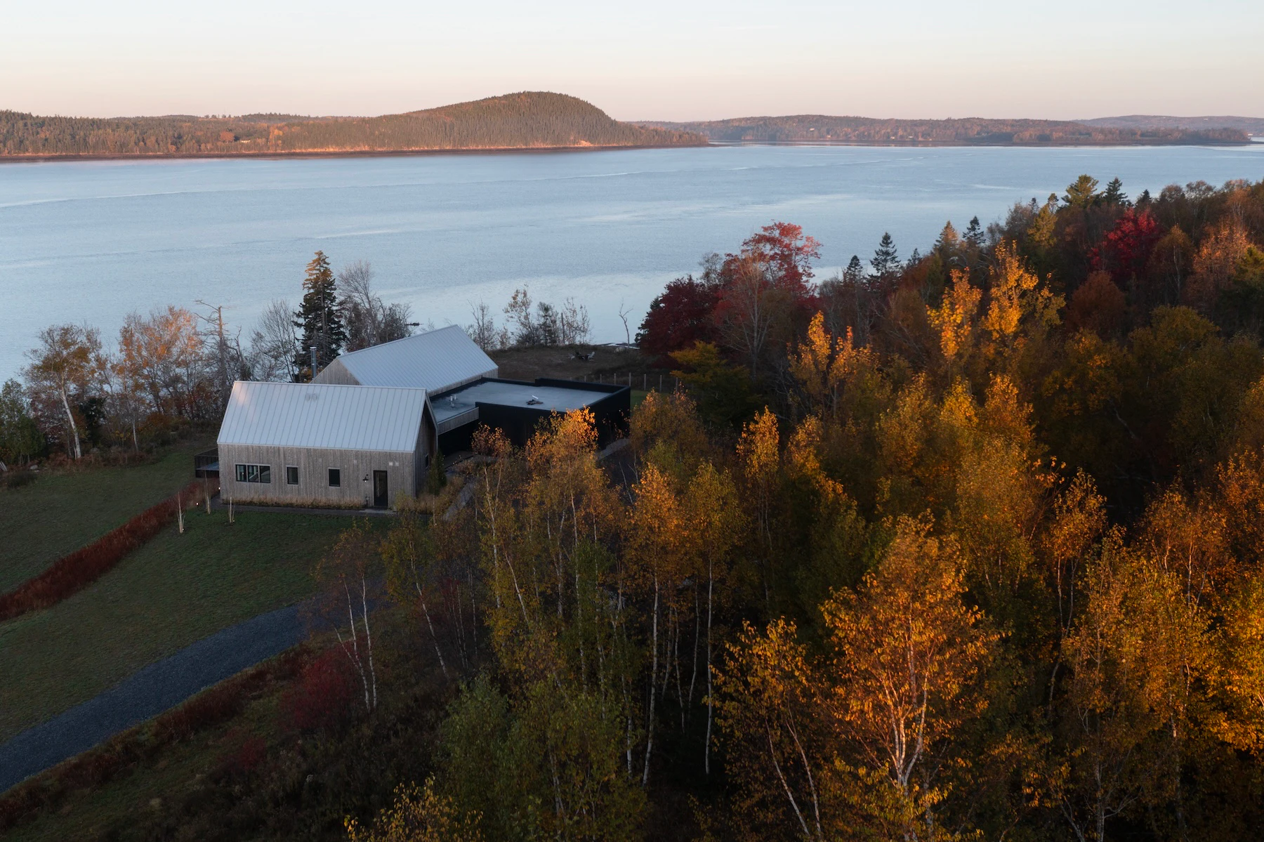 Drone view of St. Croix Homestead with sightlines down the river towards USA.