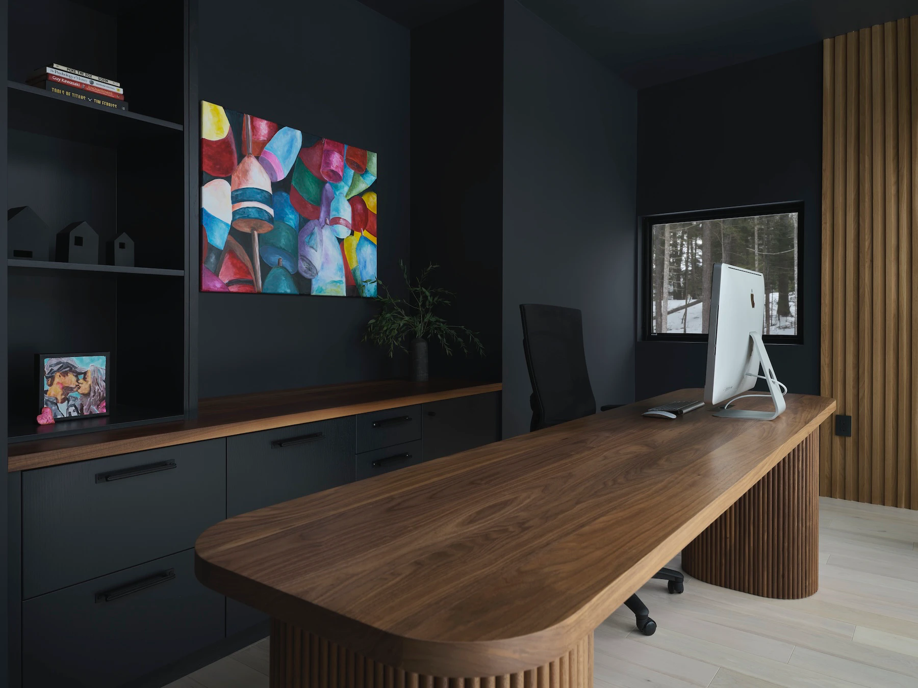 Sunnybrook sanctuary custom home interior office with wood desk and black built in cabinets, overlooking the water