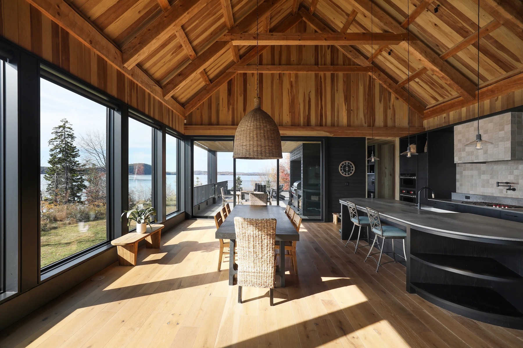 Kitchen with vaulted timber framed ceiling at Rivers Edge