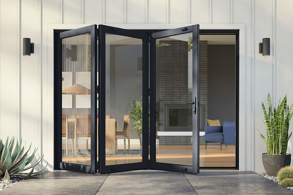 Marvin bi-fold door fully open showing accordion-folded panels stacked to one side of a kitchen-to-patio opening