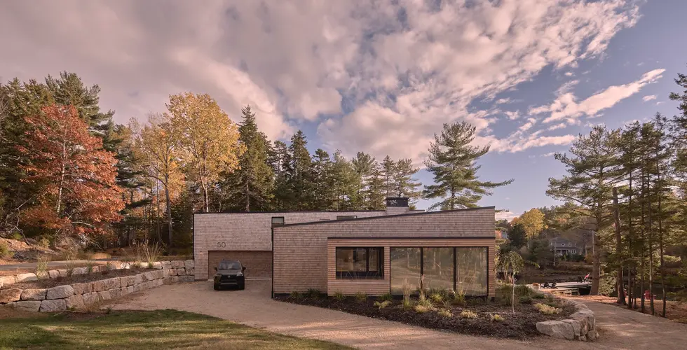 Sunnybrook Sanctuary custom home exterior driveway and dining room with cedar shingles