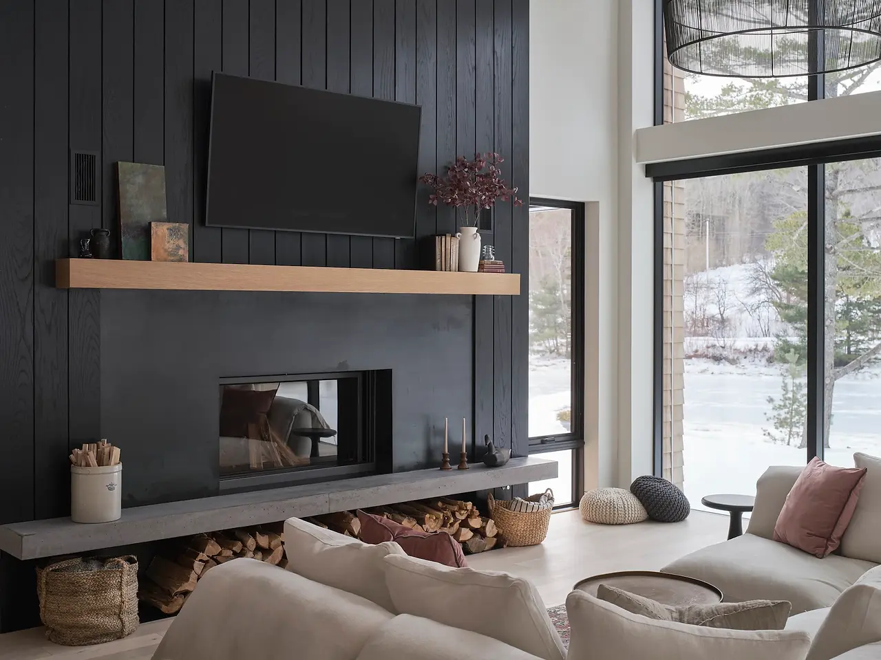 Sunnybrook sanctuary custom home interior fireplace in the living room with large window wall