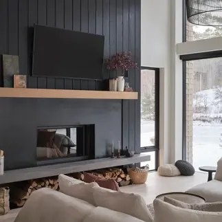 Sunnybrook sanctuary custom home interior fireplace in the living room with large window wall