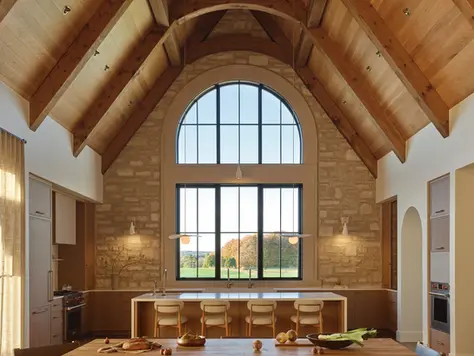 Arched Marvin window provides light to main living area and kitchen below cathedral timber framed ceiling