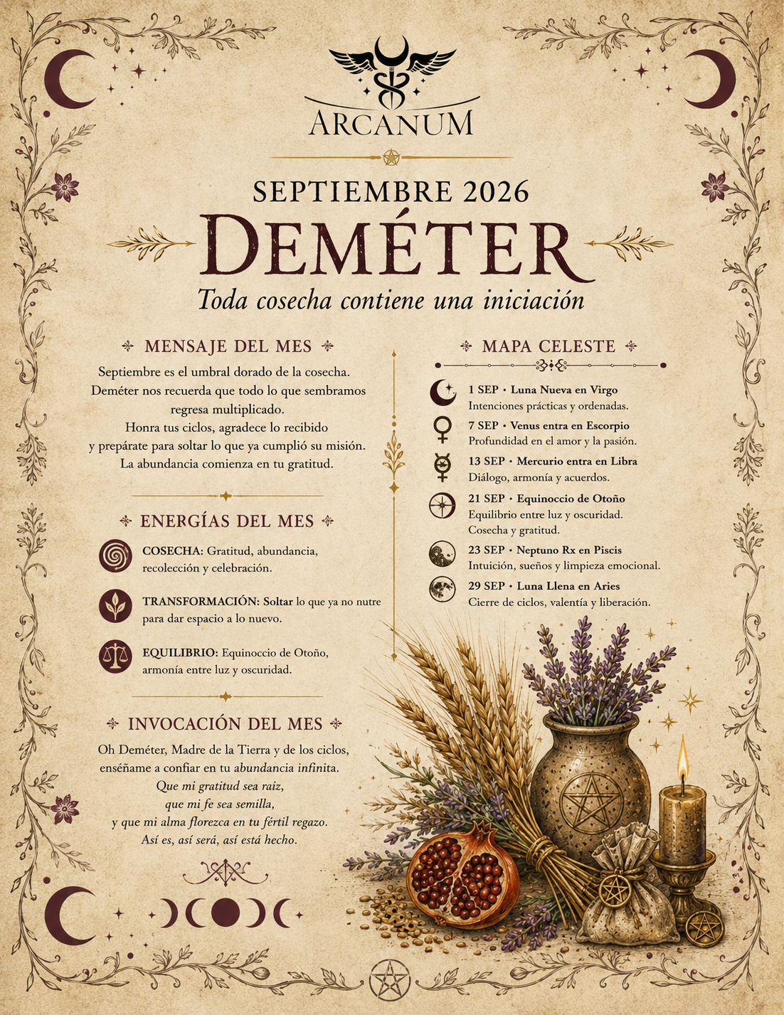 Primera hoja del grimorio del CÓDEX de septiembre 2026 · Deméter · Arcanum