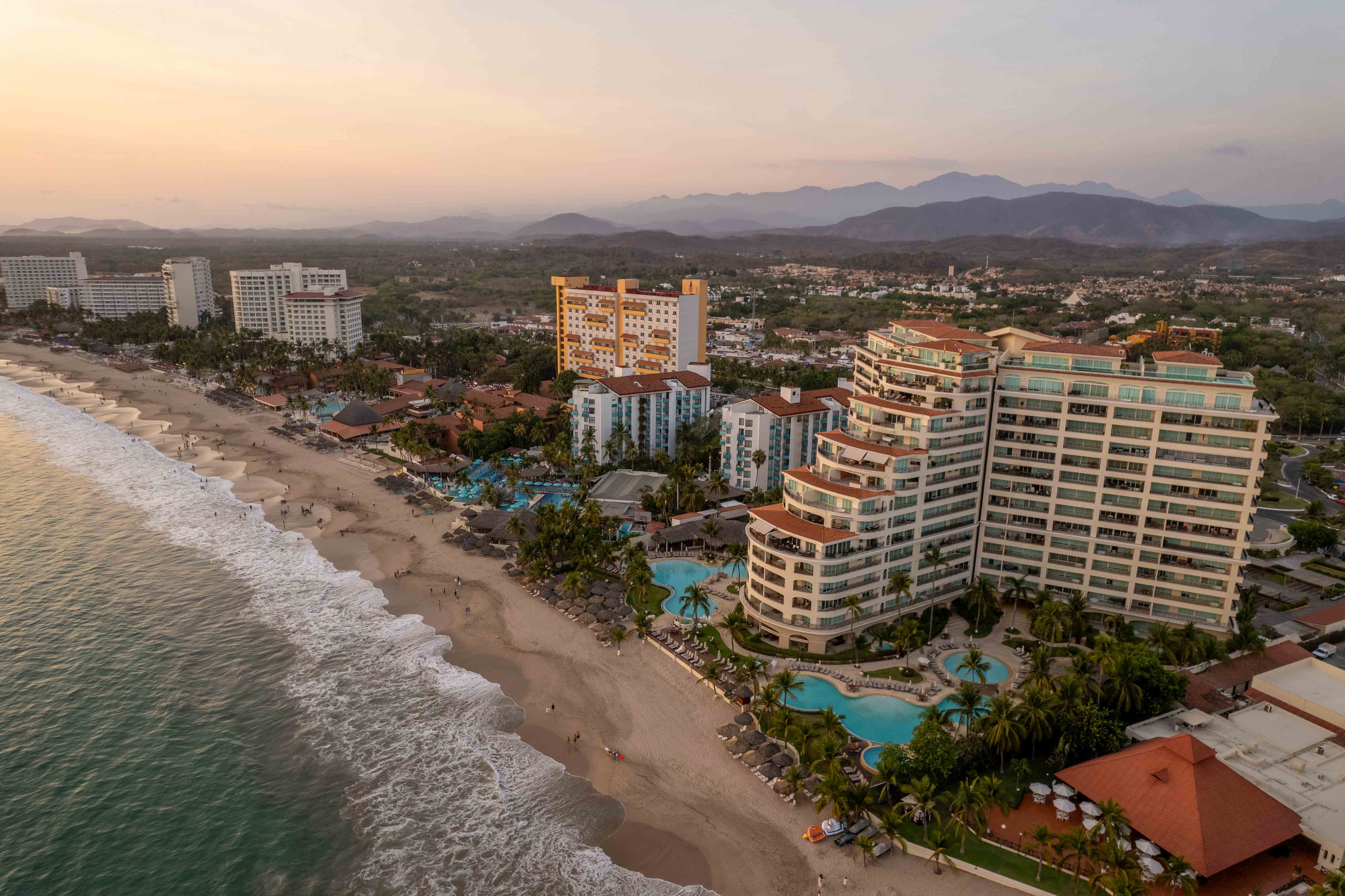 BVG hotel and Ixtapa coastline viewed from above at sunset in Mexico