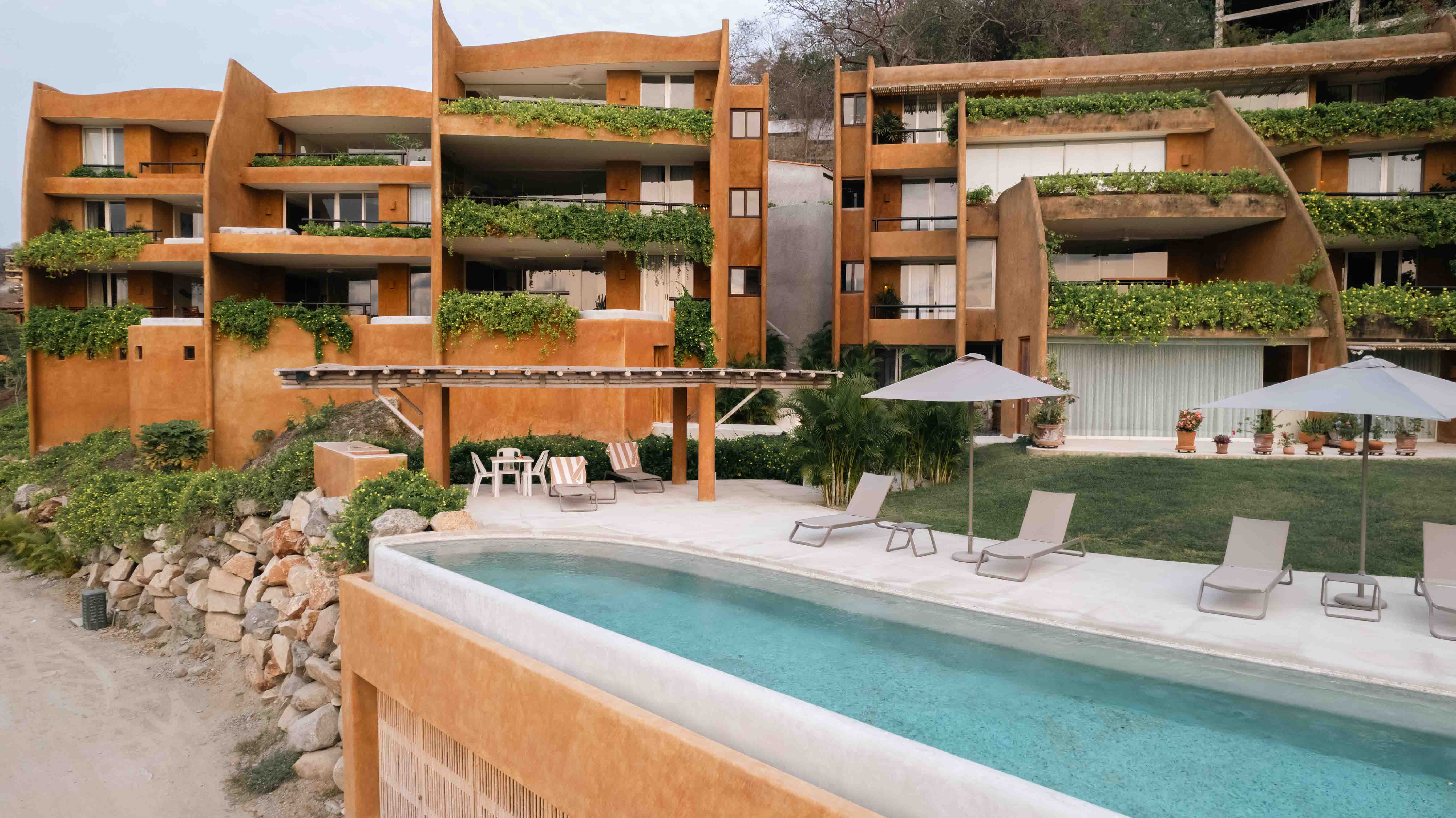 Exterior architectural photography showcasing the design and natural surroundings of Armadillo in Zihuatanejo.