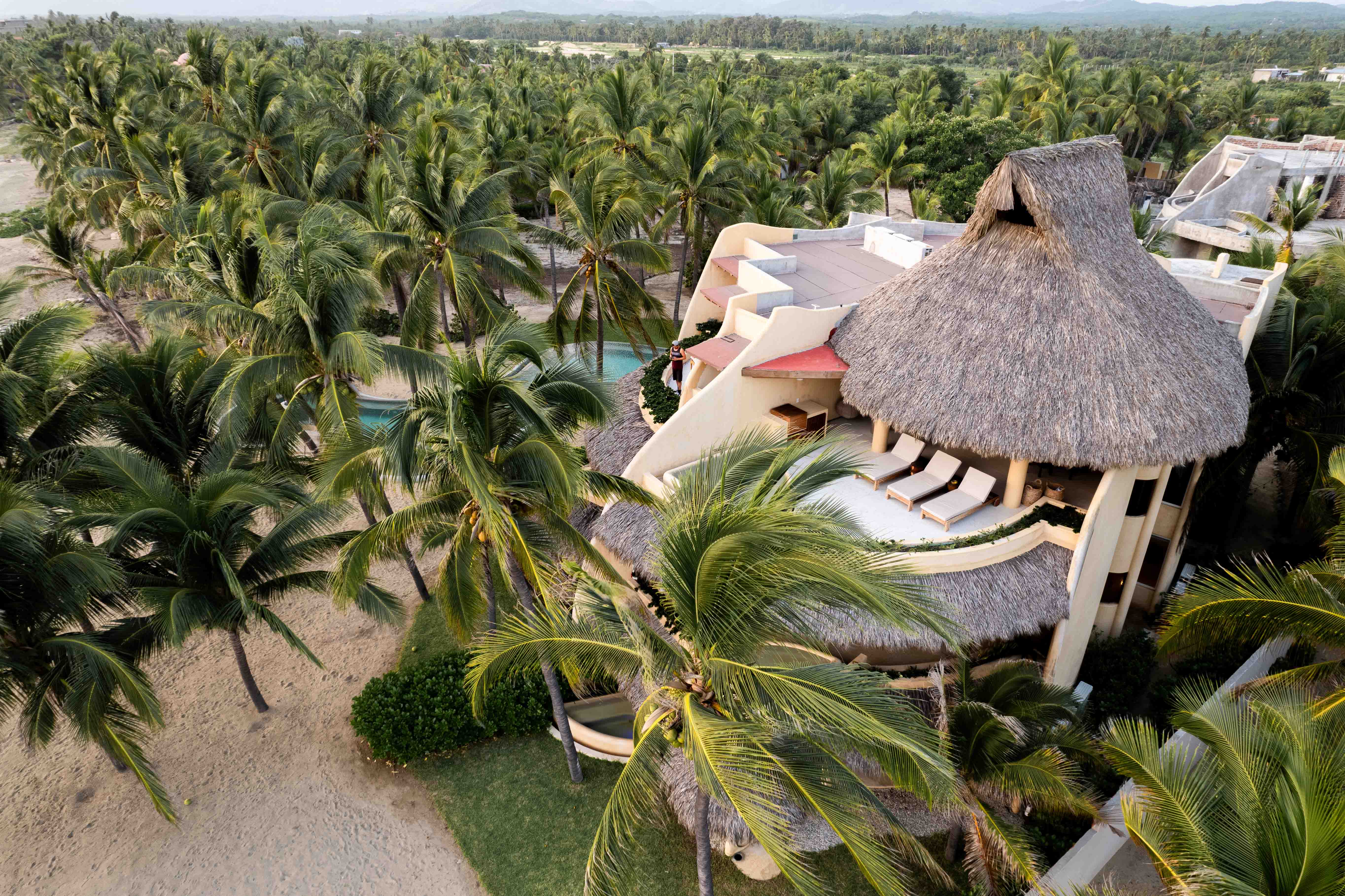 view of Mar de Coco building with palapa roof, penthouse terrace and lush tropical vegetation