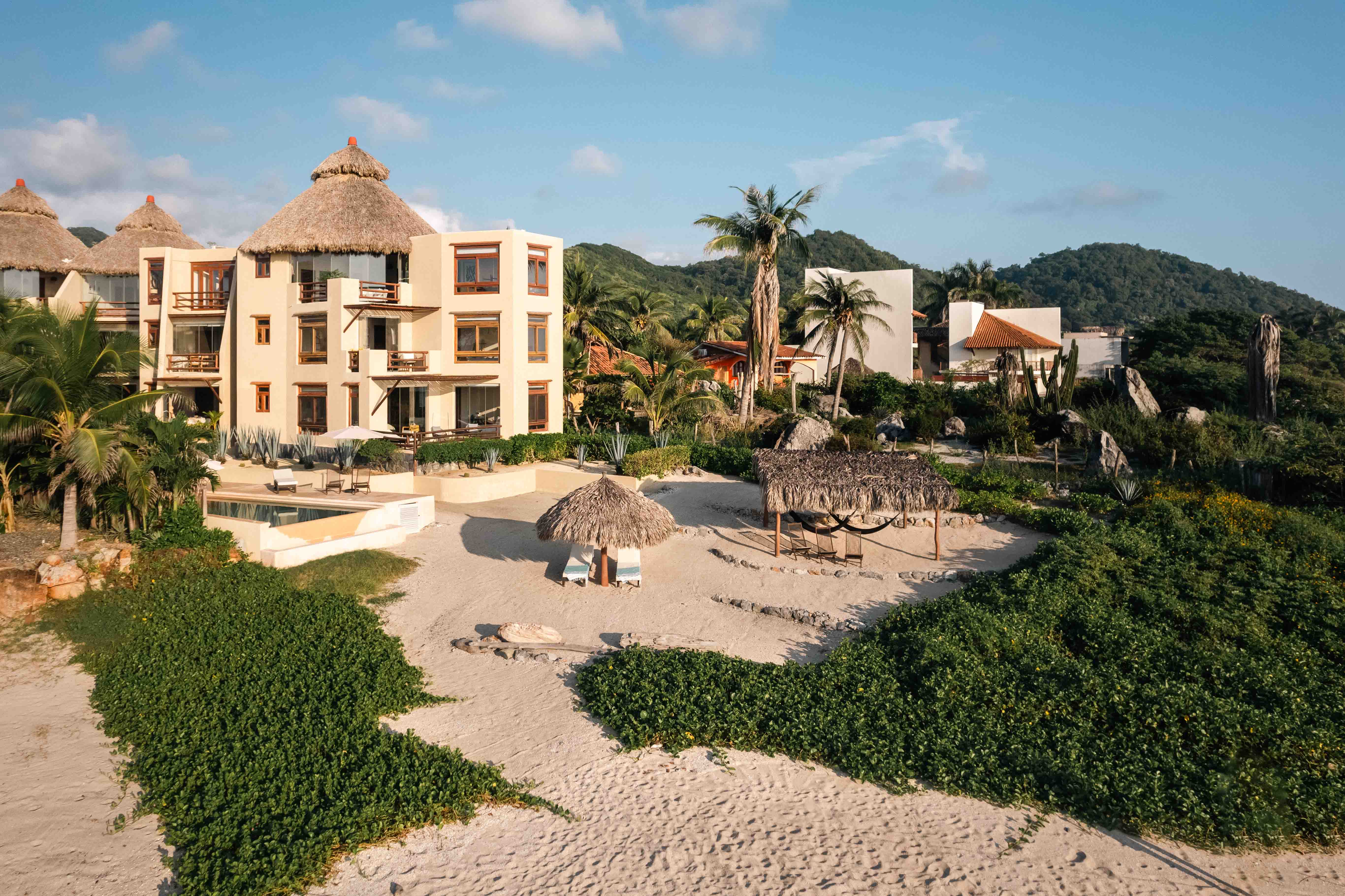 Aerial view of Nerea beachfront condos and the Pacific Ocean in Troncones