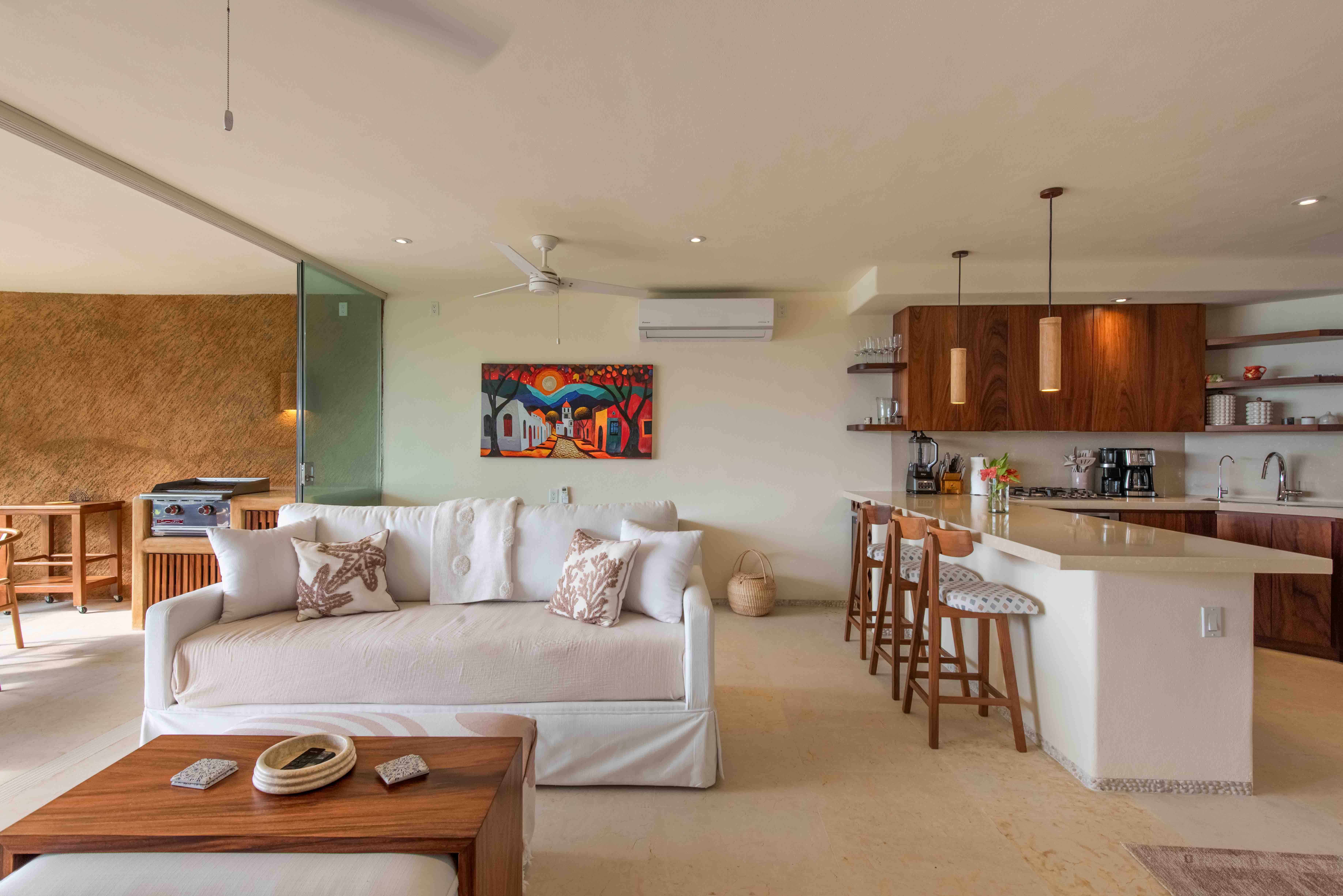 Living room interior at Armadillo luxury residence in Zihuatanejo with ocean views