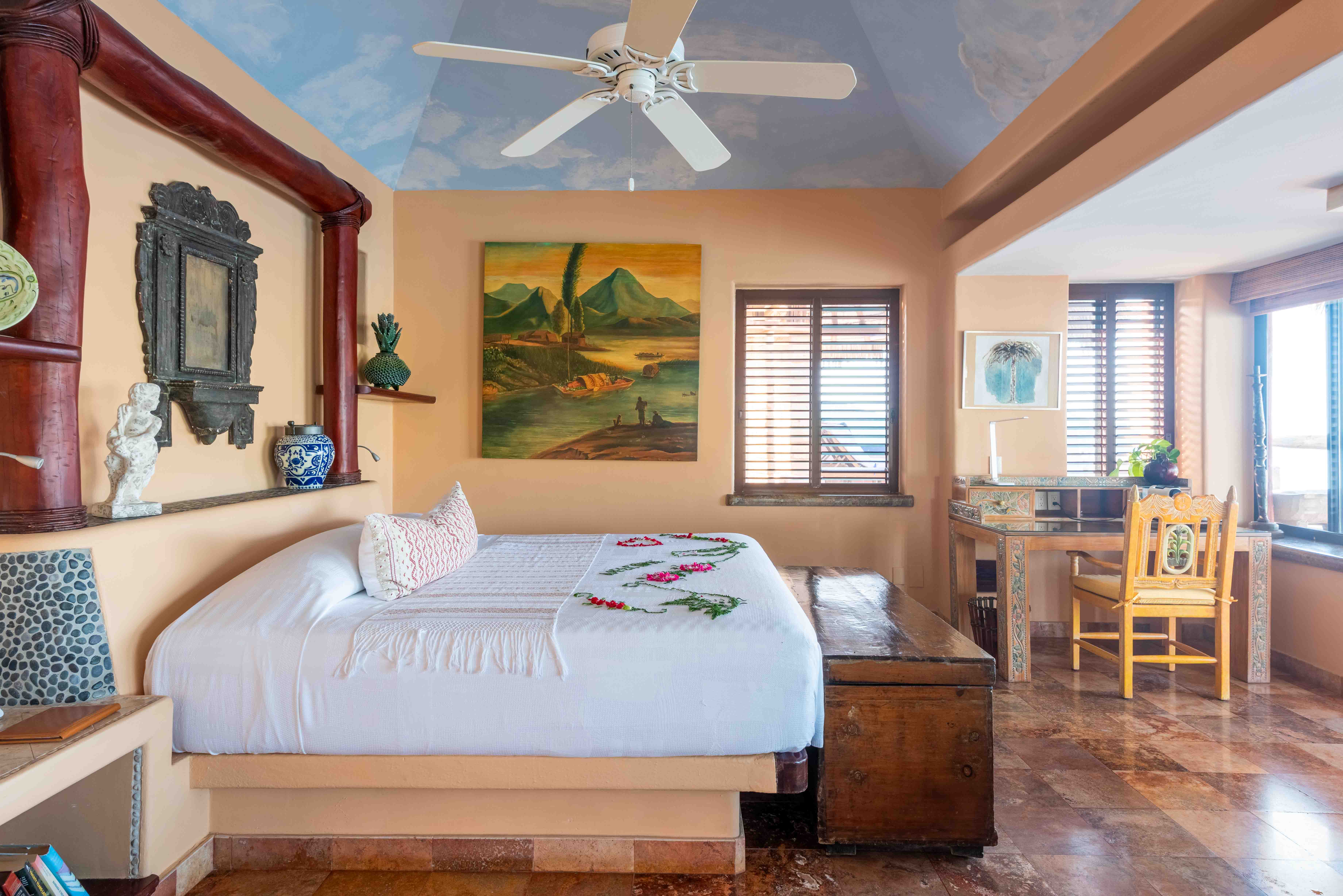 Luxury bedroom interior at La Casa Que Canta hotel in Zihuatanejo