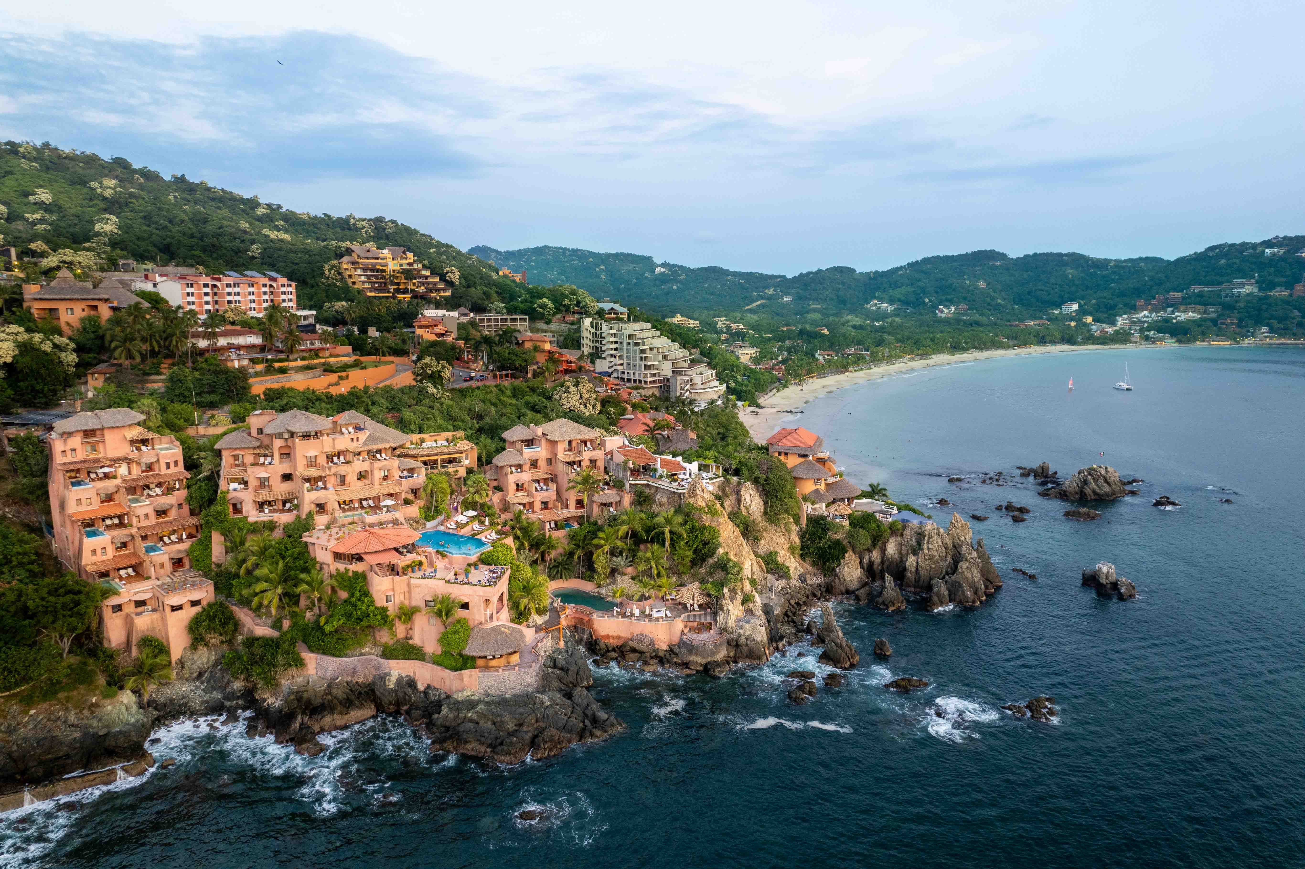 Aerial view of La Casa Que Canta hotel overlooking La Ropa Bay and the Pacific Ocean in Zihuatanejo