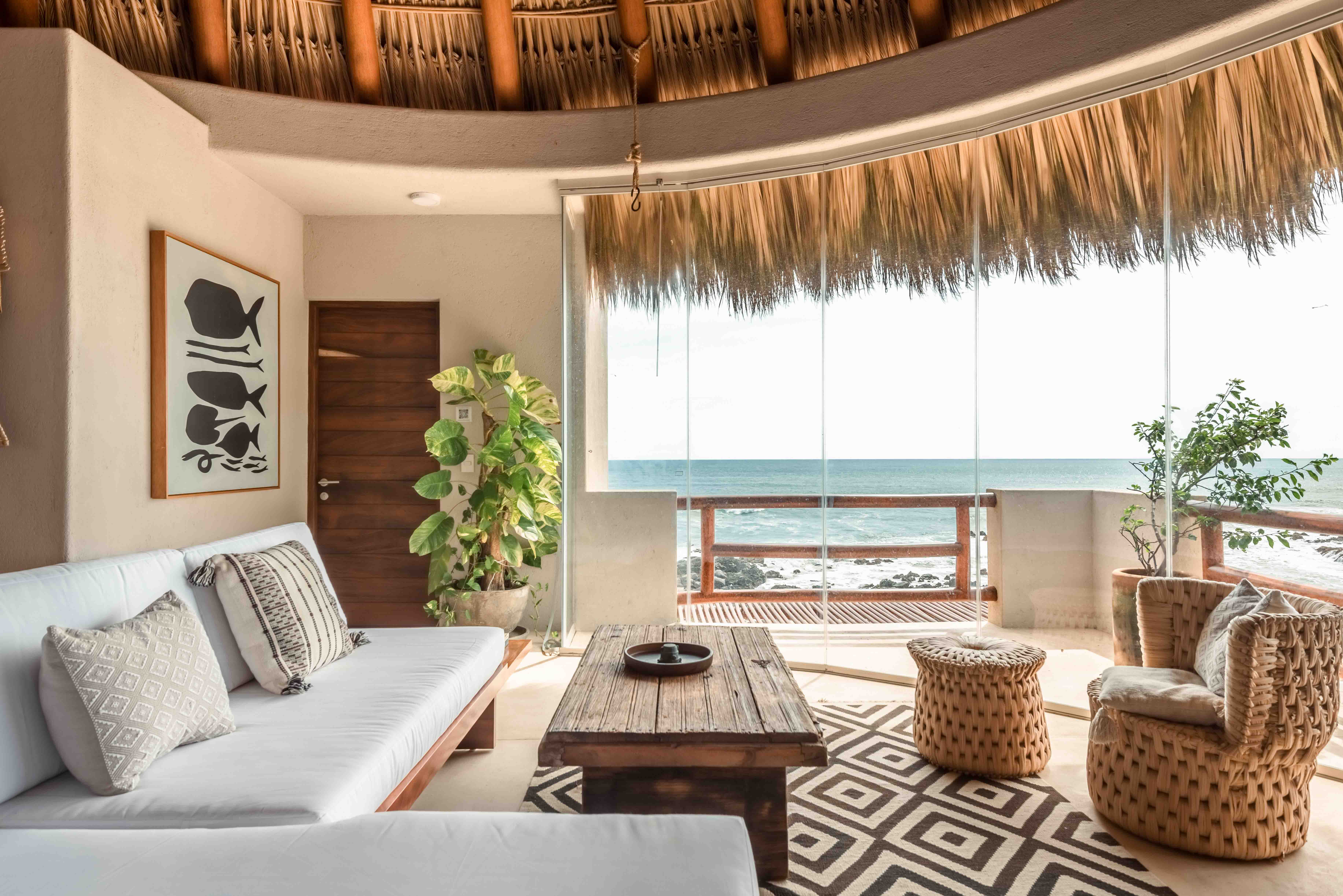 Open living area inside a Nerea beachfront condo in Troncones