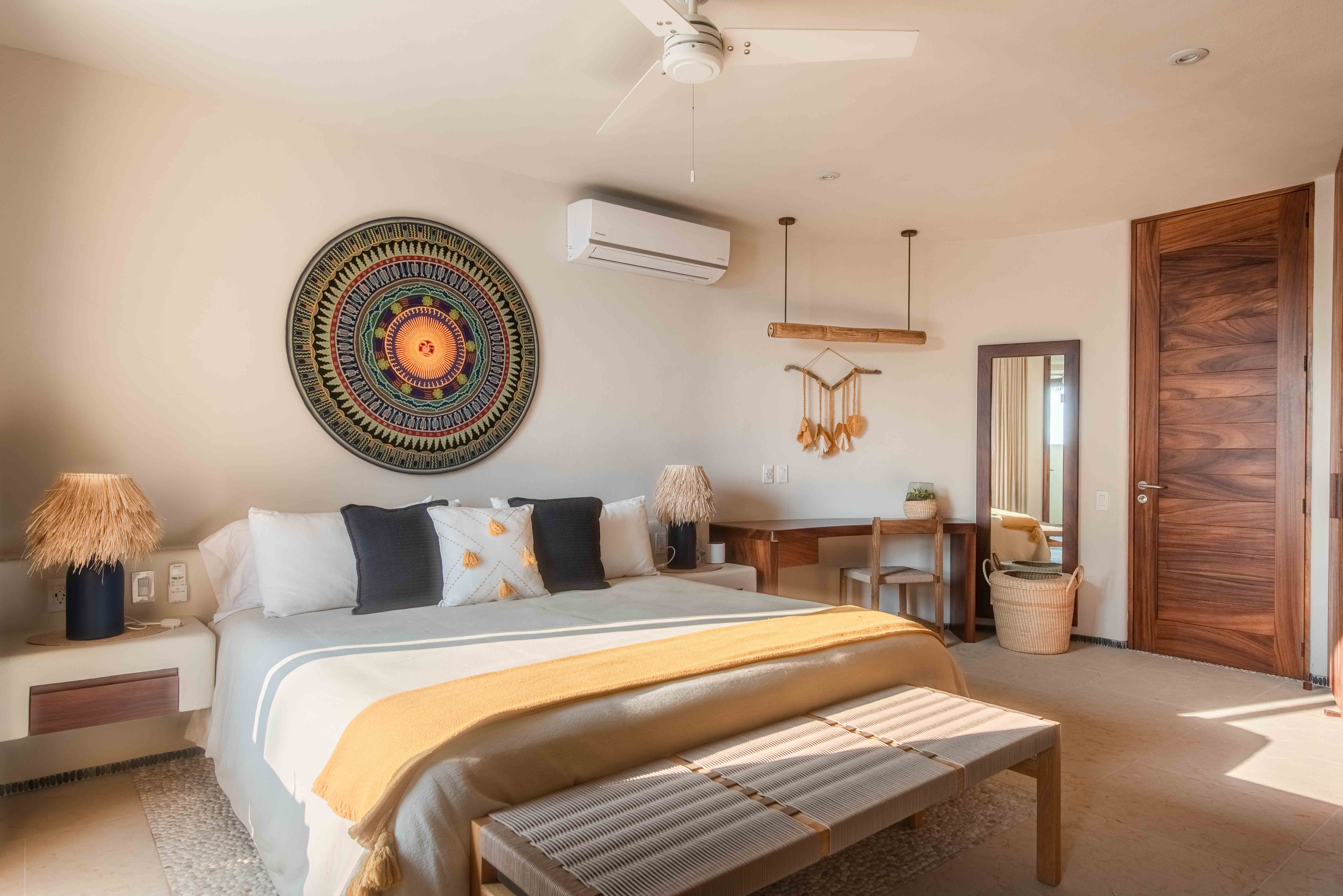 Architectural and material details inside a luxury bedroom