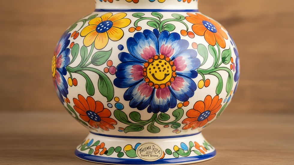 Close-up view of a vintage ceramic lamp with floral patterns