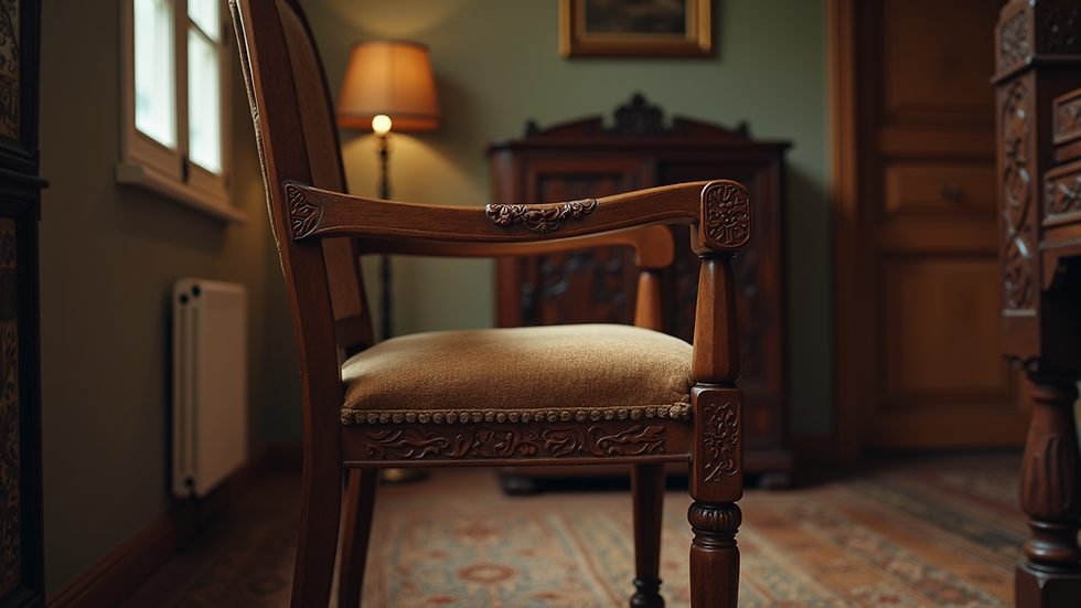Eye-level view of a vintage wooden armchair with intricate carvings