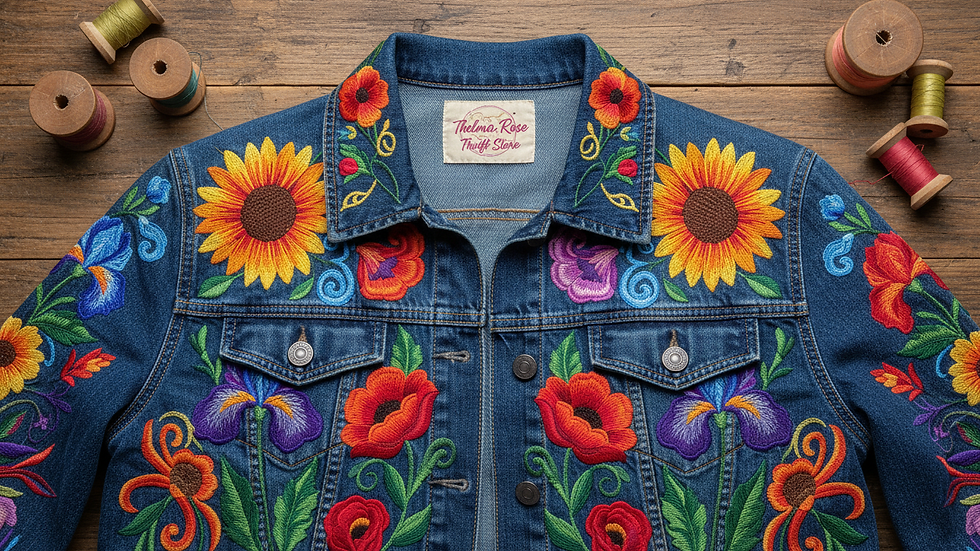 Close-up of a plus-size denim jacket with embroidered floral details