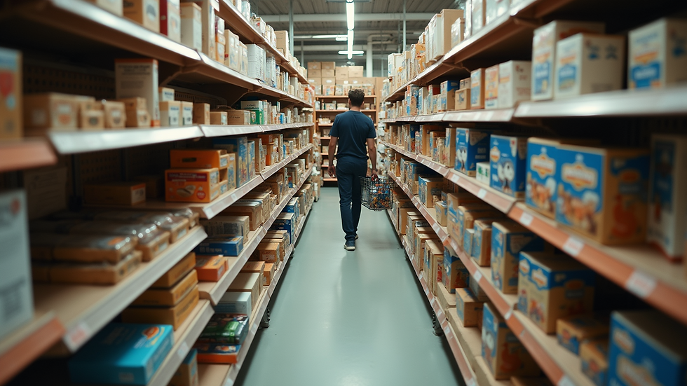 High angle view of a shopper browsing through neatly organized thrift store shelves