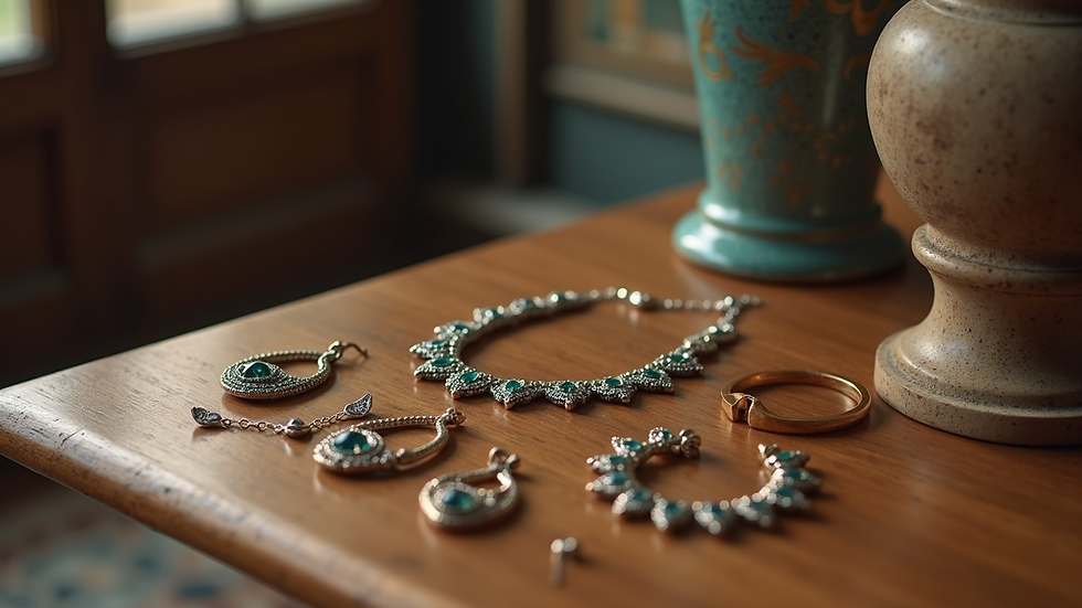 Close-up view of vintage jewelry displayed on a wooden table