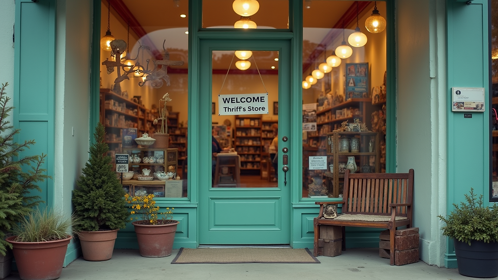 Eye-level view of a thrift store entrance with welcoming signage