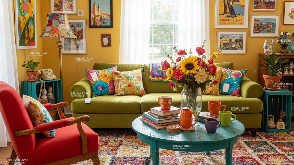 Eye-level view of a cozy living room with vintage furniture and decor