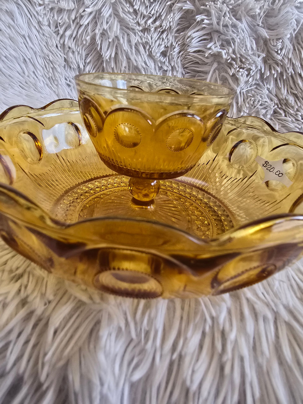 vintage amber glass chip and dip set, likely from the Depression era.