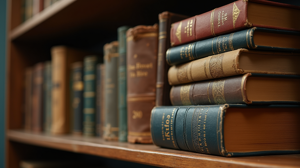 Close-up view of vintage books stacked on a wooden shelf