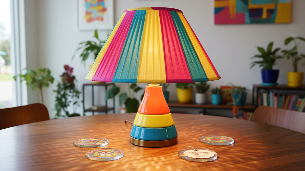 Close-up view of a mid-century modern lamp on a wooden table