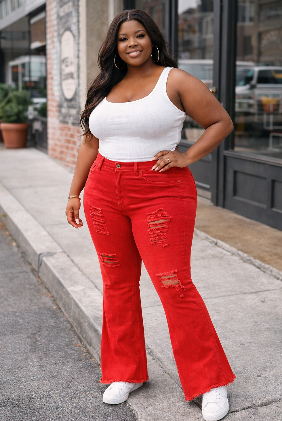 Thumbnail: Women’s Plus Size 16W Orange Flare Jeans Distressed High Rise Stretch Denim