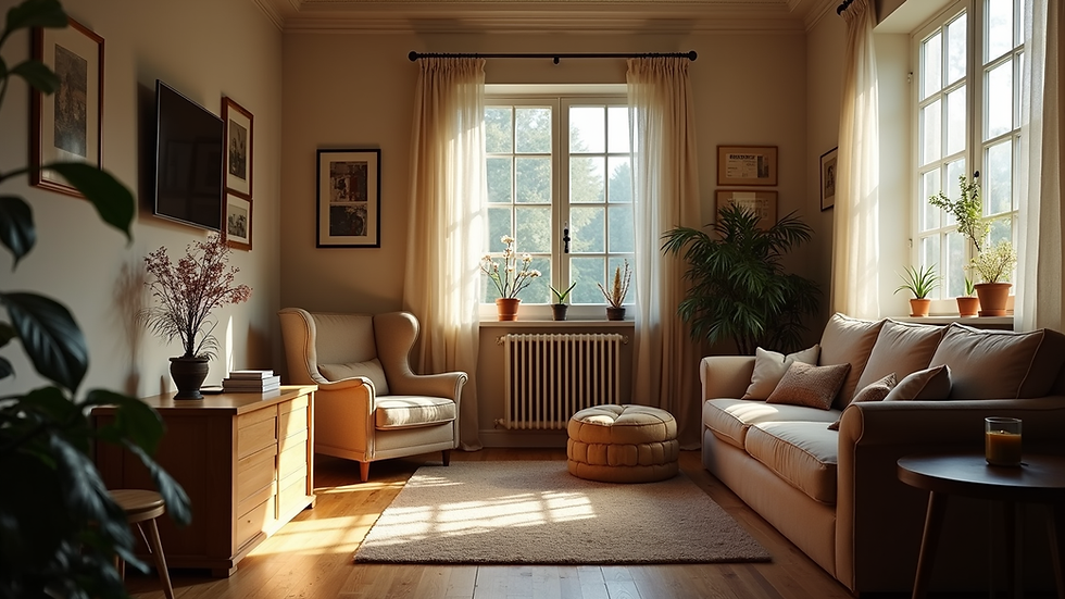 Eye-level view of a cozy living room with vintage wooden furniture